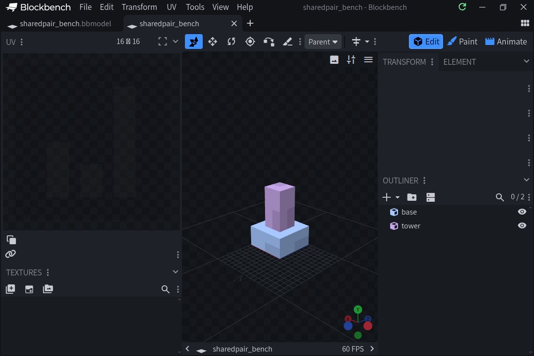 Blockbench's dark interface: a wide 8×4×8 base cube with a narrower 4×8×4 tower stacked on top of it, centred on the grid of the 3D viewport with the axis gizmo in the corner; the outliner on the right lists the two elements, base and tower; the UV and texture panels sit on the left and two project tabs run across the top.