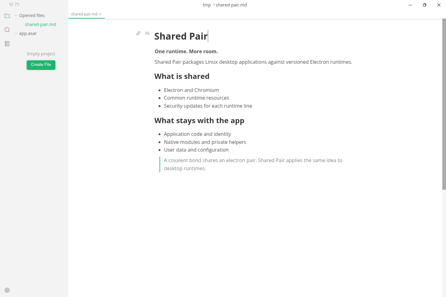MarkText rendering a Shared Pair Markdown document with headings, emphasis, lists, and a block quotation.