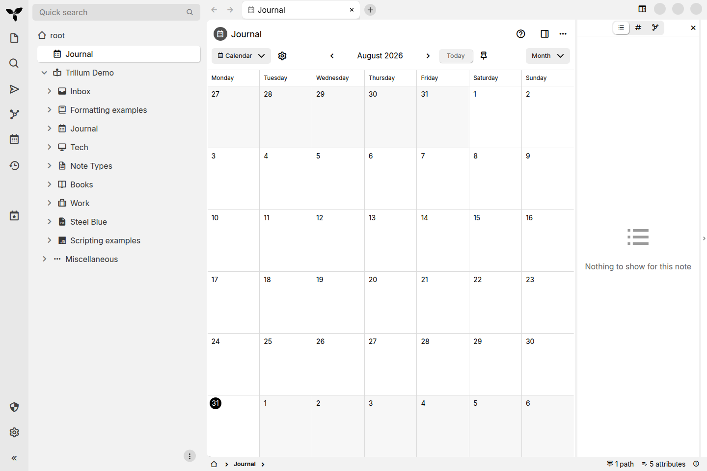 Trilium Notes running with its demo knowledge base, showing the note hierarchy, Journal calendar, navigation, and side panel.