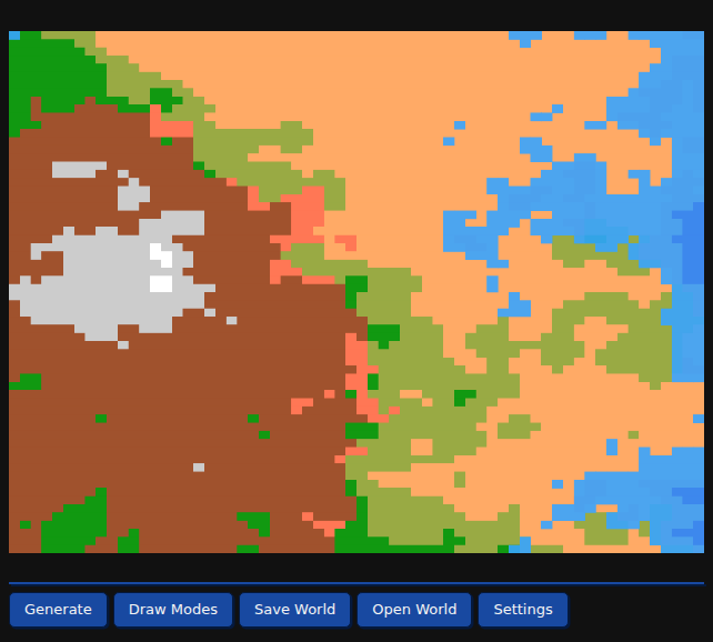 Weltenschaft showing a generated terrain map — brown highlands with grey snow peaks on the left, green and olive biomes through the middle, wide orange desert, and blue water to the right — above a row of Generate, Draw Modes, Save World, Open World, and Settings buttons.
